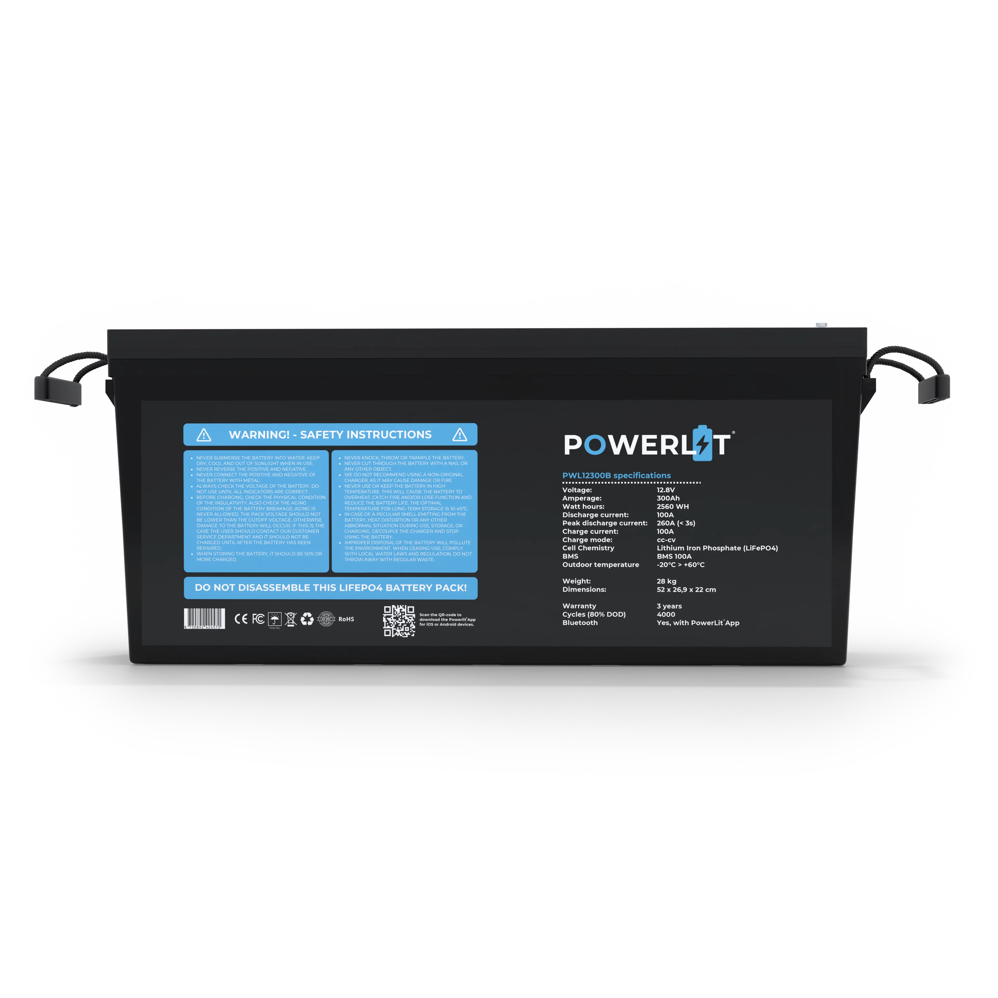Powerlit® 12V 300Ah Lithium LiFePO4 Accu – Bluetooth – 6000 cycli – 5 jaar garantie (12,8V)