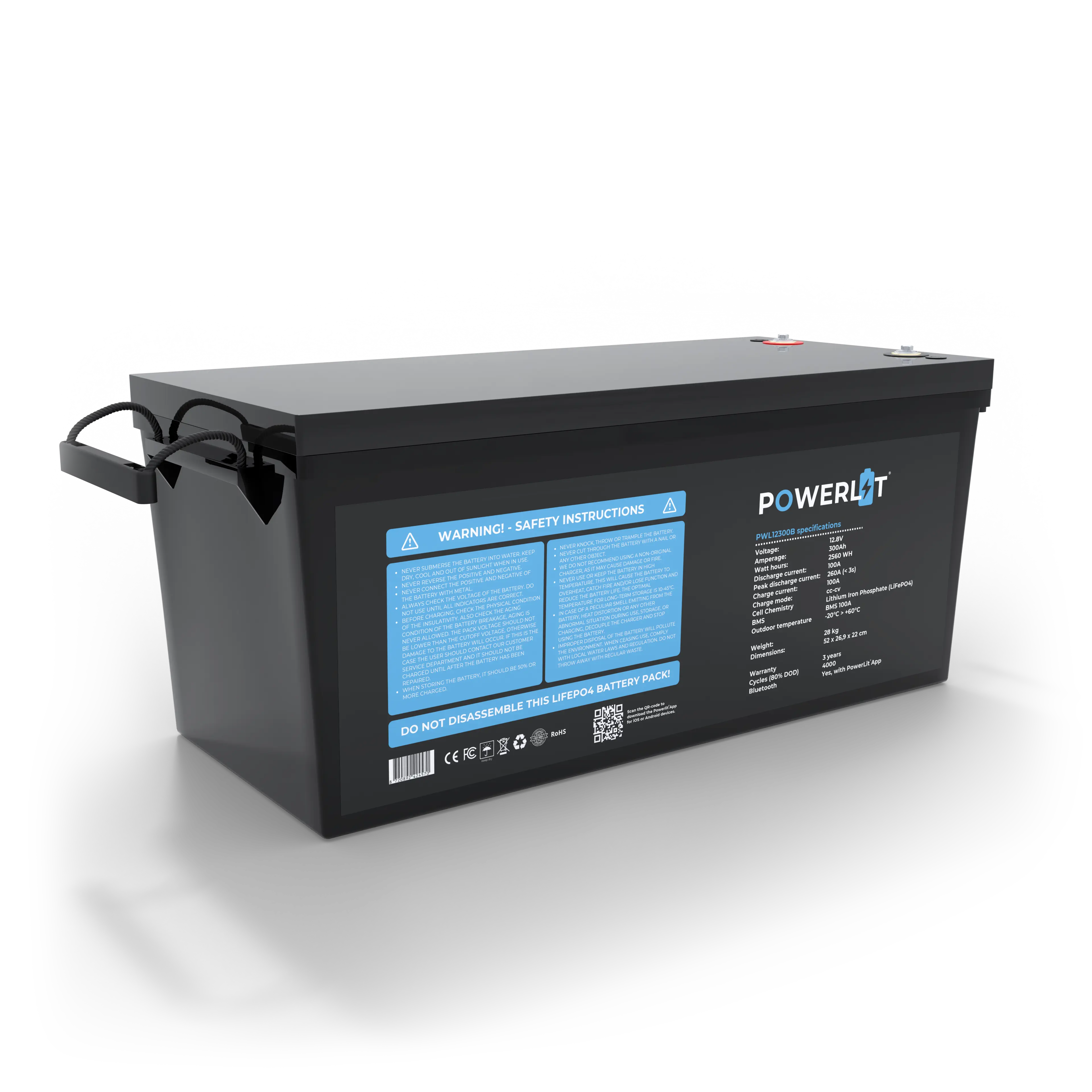 Powerlit® 12V 300Ah Lithium LiFePO4 Accu – Bluetooth – 6000 cycli – 5 jaar garantie (12,8V)