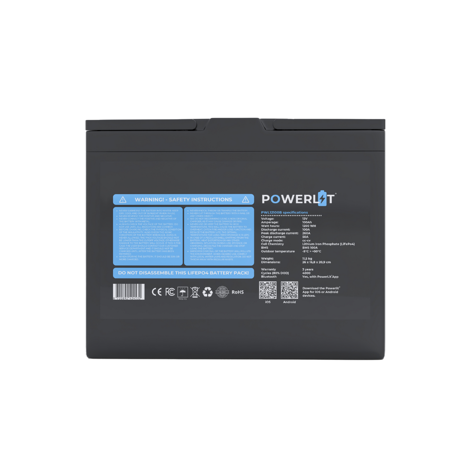 Powerlit® 12V 100Ah Lithium LiFePO4 Accu – Bluetooth – 6000 cycli – 5 jaar garantie (12,8V)