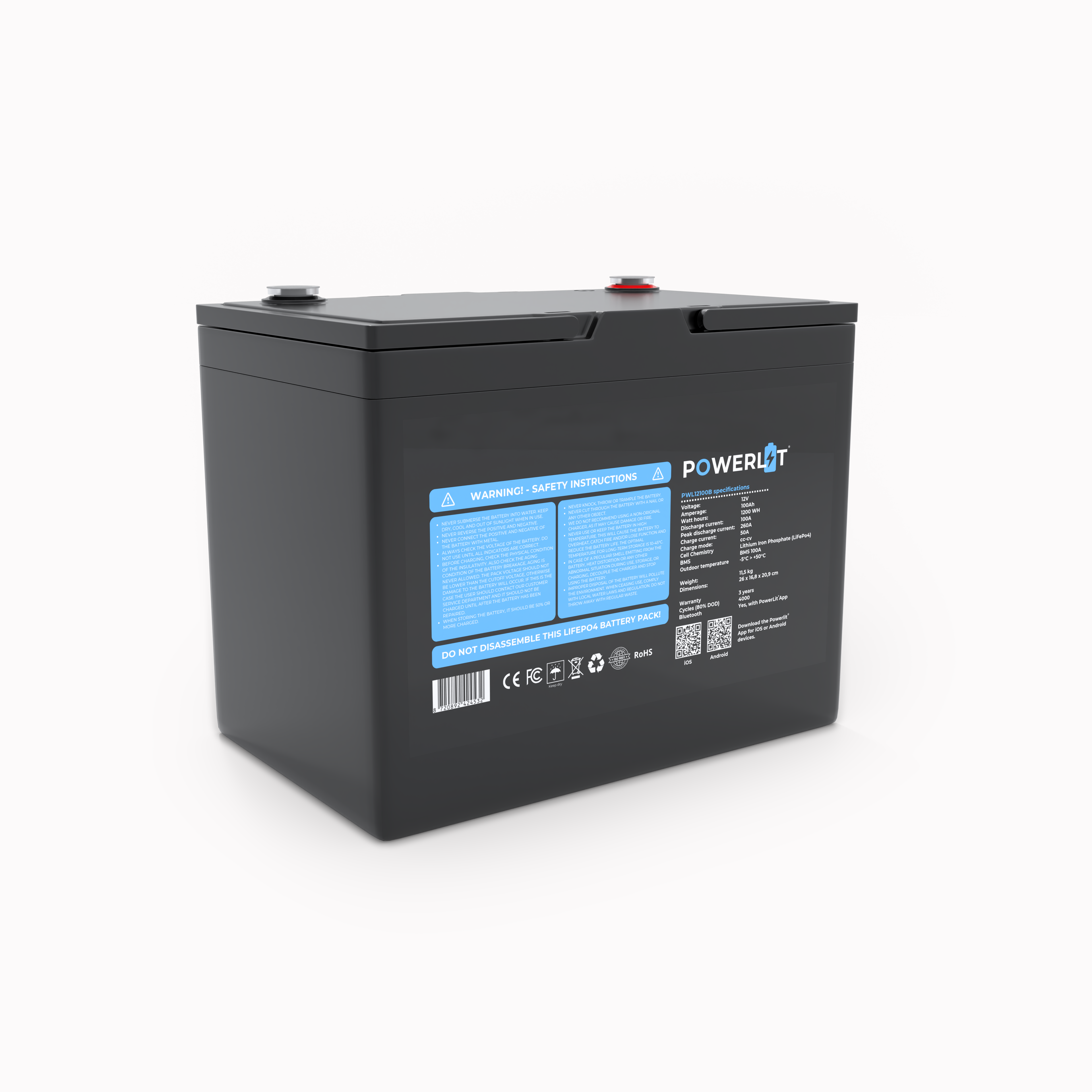 Powerlit® 12V 100Ah Lithium LiFePO4 Accu – Bluetooth – 6000 cycli – 5 jaar garantie (12,8V)