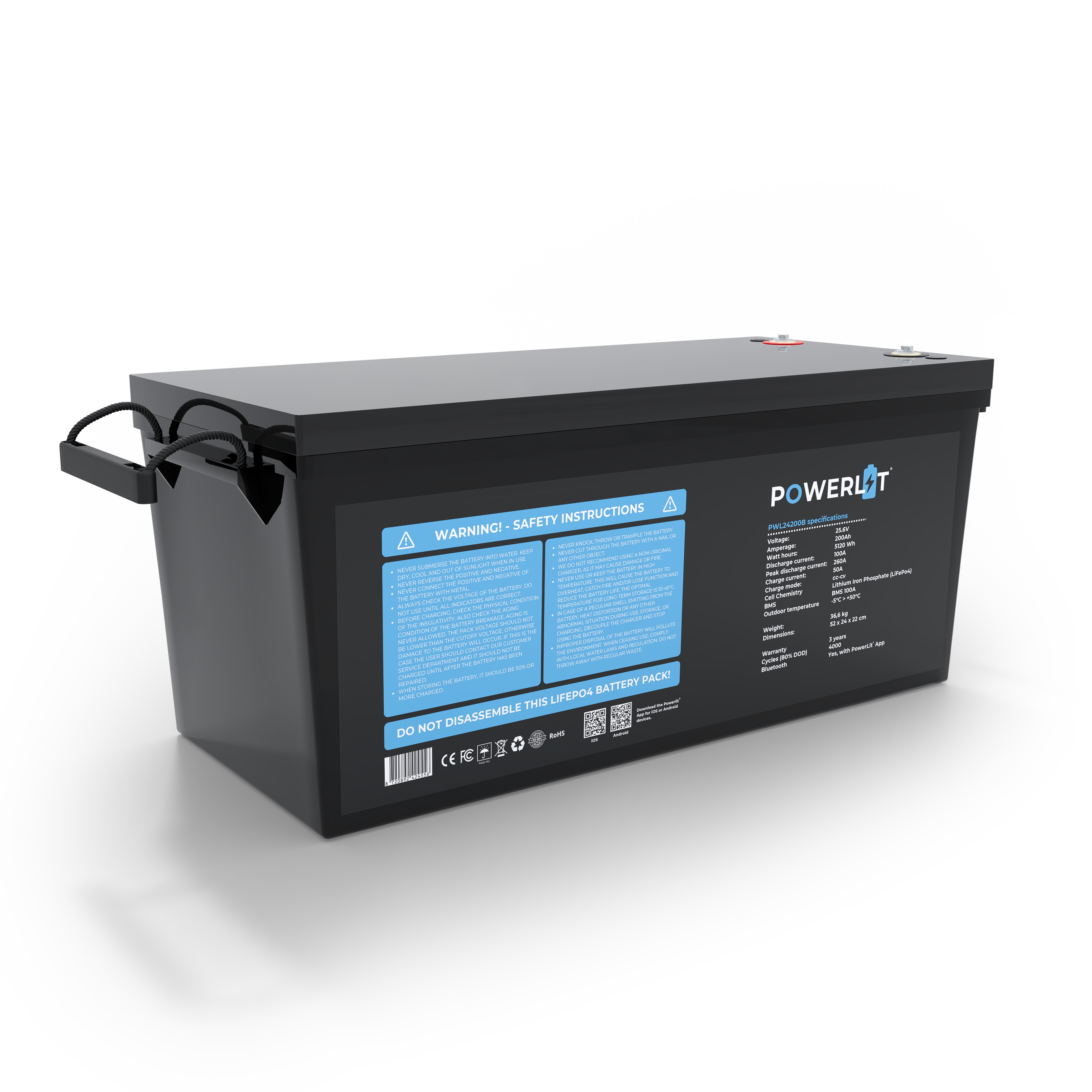 Powerlit® 24V 200Ah Lithium LiFePO4 Accu – Bluetooth – 6000 cycli – 5 jaar garantie (25,6V)