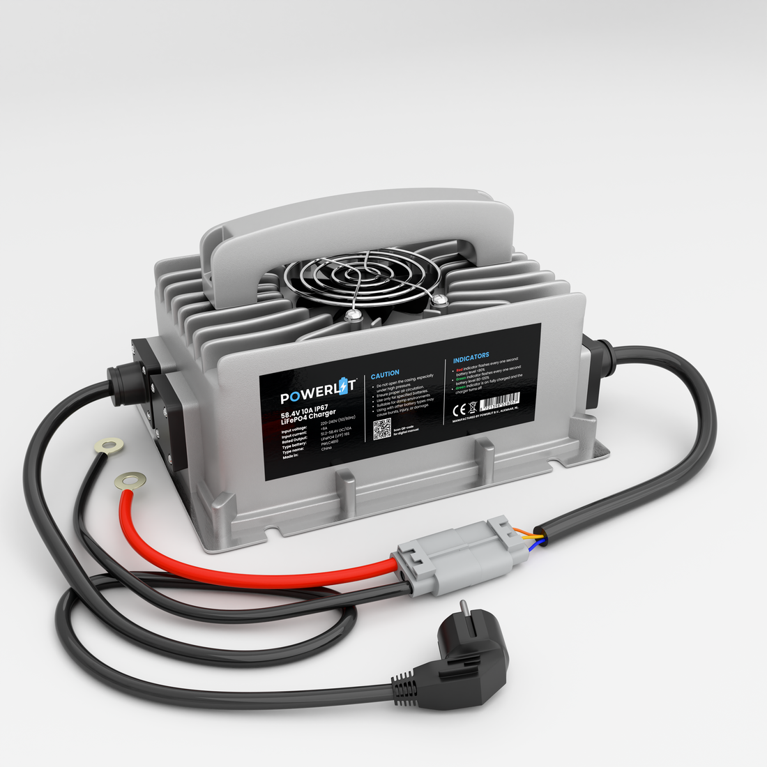 Powerlit PWLC4810 IP67 58,4V 10A LFP acculader op witte achtergrond